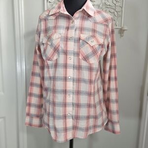Wrangler Pink and Gray Plaid Shirt With Pearl Snap Buttons Size Small